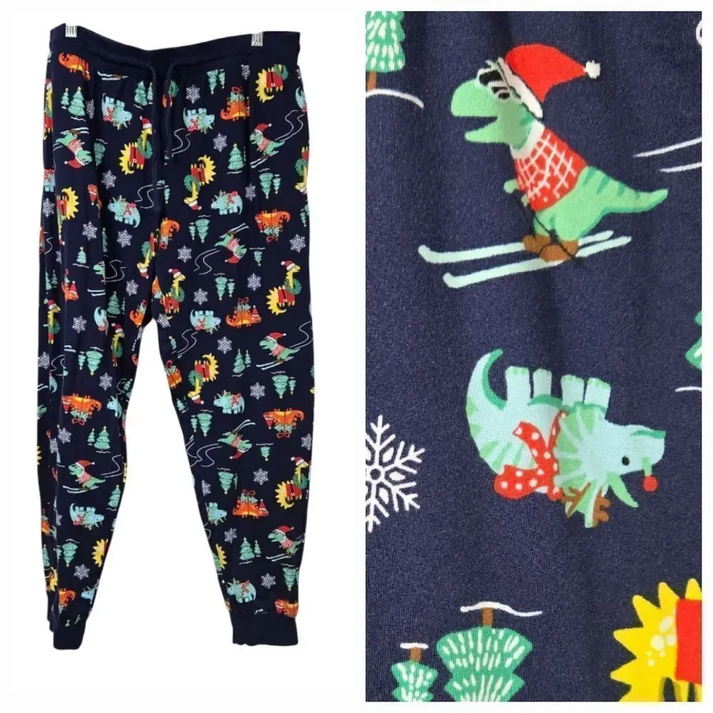 Christmas Dinosaur Pajama Pants Women L Navy Holiday Dino Lounge Joggers Pockets
